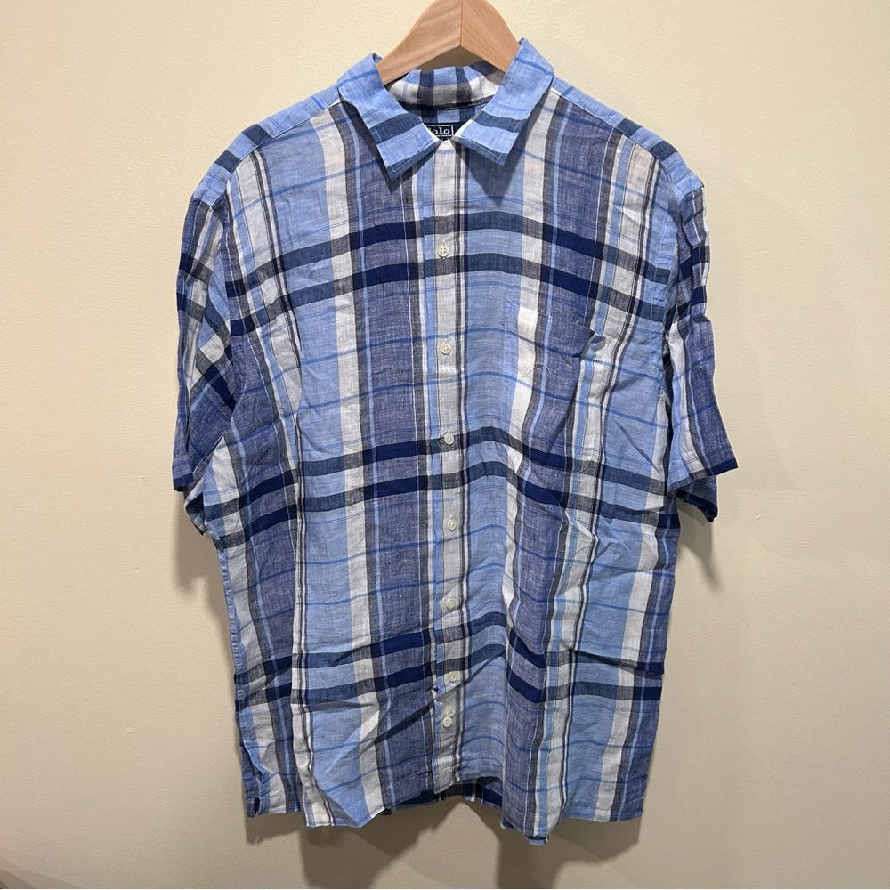 Polo Ralph Lauren Caldwell 100% Linen blue plaid short sleeve button down.